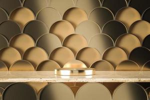 Abstract mockup concept for product presentation, The gold metal base on travertine marble, Golden fish scales artwork on beige background. 3d rendering photo