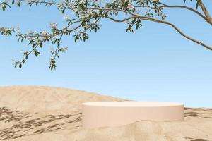 The cylindrical platform on dunes under a branches, blue sky background, Abstract background for branding or product presentation. 3d rendering photo