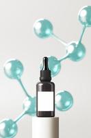 Mockup dropper bottle on platform and molecules background, abstract background for cosmetic presentation or branding. 3d rendering photo