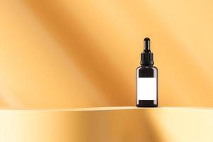 Dropper bottle on gold curve platform, Minimal background for cosmetic presentation or branding. 3d rendering photo