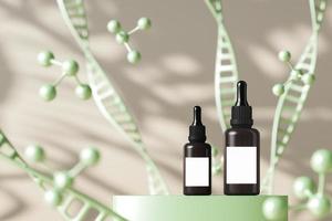 Mockup dropper bottle on green platform and molecules background, focus to bottle and blur background and foreground, abstract background for cosmetic presentation or branding. 3d rendering photo