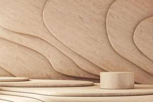 Wooden cylinder platform on curve stacked free form wooden panel background, abstract background for presentation or branding. 3d rendering photo