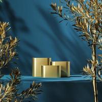 Three gold podiums on blue platform, gold plants foreground and plants shade background, abstract background for product presentation or advertising. 3d rendering photo
