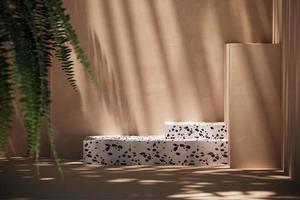 White terrazzo on mockup beige scene, blur plants foreground. background for product presentation or ads. 3d rendering photo