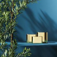 Three gold podiums on blue platform, green plants foreground and plants shade background, abstract background for product presentation or advertising. 3d rendering photo