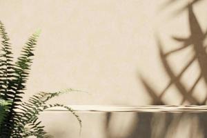 Beige platform and blur tropical plants foreground, Sunshade shadow on wall. abstract background for product presentation or ads. 3d rendering photo