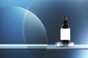 The pump bottle on glass platform. abstract background for cosmetic presentation or ads. 3d rendering photo