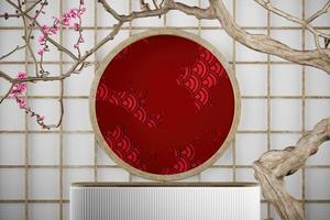 white platform on japan backdrop and Sakura tree, red cloud and fish scale pattern background. abstract background for product presentation or ads. 3d rendering photo