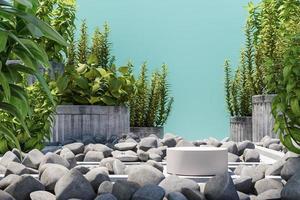 white podium on mockup garden scene, stone and plants on blue background, Abstract background for product or ads presentation. 3d rendering photo