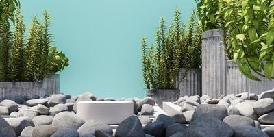 white podium on mockup garden scene, stone and plants on blue background, Abstract background for product or ads presentation. 3d rendering photo