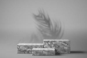 three white marbles are graduated in a white setting with tree shadows in the background stage, abstract mockup background for product presentation. photo