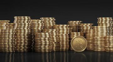 Mockup background for financial presentation, golden Bitcoin among golden coins stacked on each other in different positions. 3d rendering photo