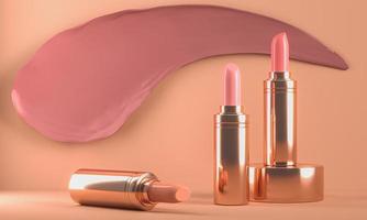 three champagne shiny lipstick and shiny podium, three color texture, minimal cosmetic background for ads branding or presentation. 3d photo