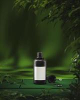 mockup serum or oil cannabis dropper bottle on green base, there is a blur of plant in the foreground photo