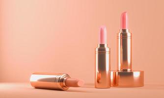 three champagne shiny lipstick and shiny podium, three color texture, minimal cosmetic background for ads branding or presentation. 3d rendering photo