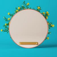 The reflection from the glass sees a golden pallet, blue background and yellow flowers. abstract background for branding and product presentation. photo