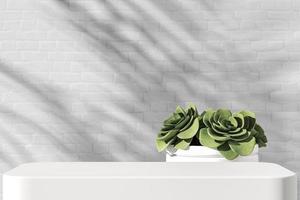 la plataforma blanca para la presentación del producto, plantas pequeñas y fondo de pared de ladrillo blanco, sombra de plantas tropicales en el fondo. representación 3d foto