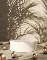 The white cylindrical platform and many balls shiny, tropical plants shade on background, Abstract background for product presentation. 3d rendering photo