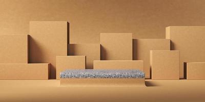 Abstract background for product presentation, gray marble mockup platform in front of beige box layer background. 3d rendering photo