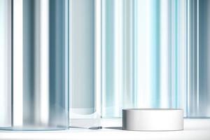 Abstract background for product presentation or branding, White platform and curve clear glass reflects white light. 3d rendering photo