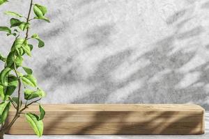Minimalist mockup background for product presentation, Sunshade and shadow on wooden platform and cement wall, plant on foreground. 3d rendering photo