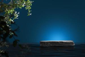Black stone slab on water and highlight on blue background. Blur plants foreground. Mockup background for product presentation or ads. 3d rendering photo