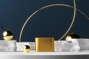 Golden podium on white platform gold balls and ring, abstract background for presentation or advertising. 3d rendering photo