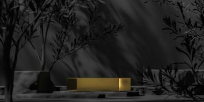Gold platform for product presentation, Mockup black scene and sunshade shadows, abstract background for product presentation or ads. 3d rendering photo