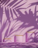 Three pink podium and golden top on sunshade and plants shadows on pink wall, abstract background for product presentation or ads. 3d rendering photo