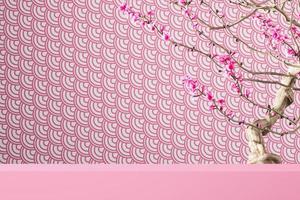 Pink platform on pink fish scales pattern and Sakura tree. abstract background for product presentation or ads. 3d rendering photo