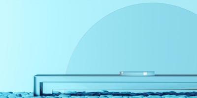 Glass platform on blue scene, stone below and circle glass on background, abstract background for product presentation. 3d rendering photo