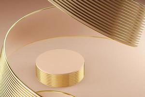 Beige podium on abstract soft background, beige ribbon and gold line texture bending around podium. minimal background for product presentation. 3d rendering photo