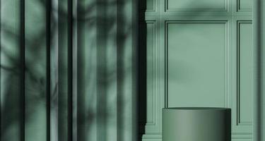 Green podium on green mockup scene, sunshade and plants shadow on wall, abstract background for product or presentation. 3d rendering photo