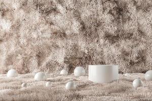 White podium and many ball on beige wool. abstract background for product presentation or ads. 3d rendering photo