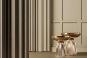Two gold side table on beige classic interior mockup scene, abstract background for product or presentation. 3d rendering photo