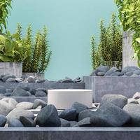 white podium on mockup garden scene, stone and plants on blue background, Abstract background for product or ads presentation. 3d rendering photo