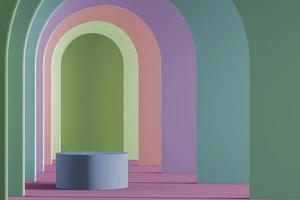 Cylinder platform on multicolored arch wall pattern background. mockup scene for product presentation. 3d rendering photo