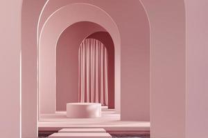 Cylinder platform on arch wall pattern background. mockup scene for product presentation. 3d rendering photo