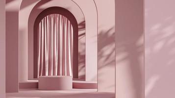 Pink platform on wall and curtain background, mockup scene for product presentation, 3d rendering photo