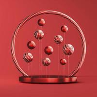 Red platform for product presentation, floating red balls. abstract background for presentation. 3d rendering photo