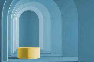 Yellow cylinder platform on arch gradient blue wall pattern background. mockup scene for product presentation. 3d rendering photo