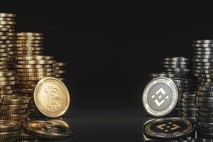 stack of cryptocurrency coins between Bitcoin and Binance in a black scene, mockup digital currency coin for financial, token exchange promoting, advertising purpose photo