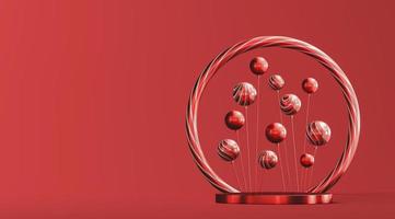 Red platform for product presentation, floating red balls. abstract background for presentation. 3d rendering photo