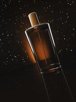 abstract transparent cylinder bottles on a black background with stars, product for present.