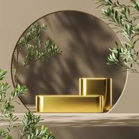 Golden platform on mockup scene, blur plants foreground and plants shade background, abstract background for product presentation or ads. 3d rendering photo