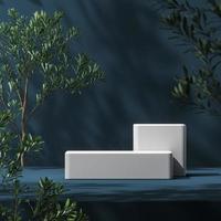 White platform on blue mockup scene, blur plants foreground and plants shade background, abstract background for product presentation or ads. 3d rendering photo