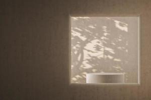a porthole overlooking a cylindrical podium and a tree shadow, abstract mockup scene work space for presentation. photo