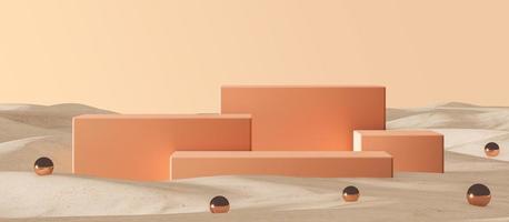 Podium for placing items on sand and small shiny balls. Light, abstract backdrop for branding and product presentation. photo