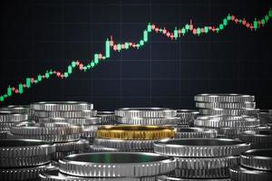 Gold coins on those silver coins in front of the candlestick chart, Mockup background for financial presentation. 3d rendering photo