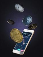 Cryptocurrency coins and trade exchange app on phone screen. cryptocurrency exchange concept. 3d rendering photo